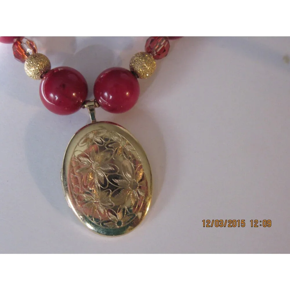 Red Coral Beaded Necklace with Gold Locket and Crystals, 20 inch